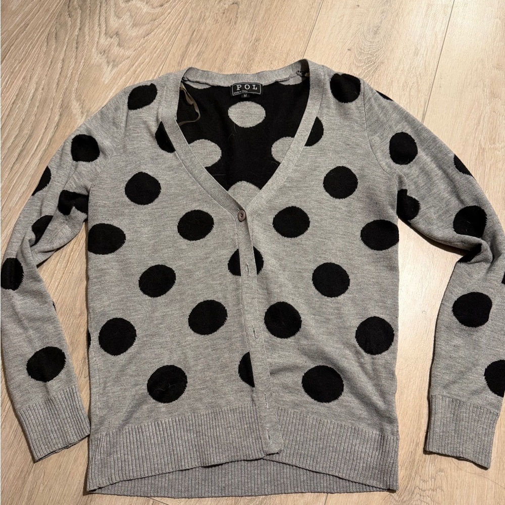 POL Gray Cardigan Sweater with Black Polka Dots